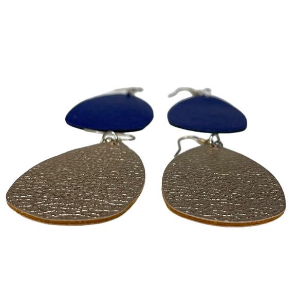 Metallic Faux Leather Teardrop Earrings Blue and Champagne Gold Set of Two - Picture 3 of 5